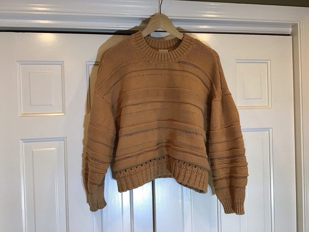 Maeve Anthropology Fisherman Chunky Knit Sweater Tan Preppy Crop Sz L Oversized